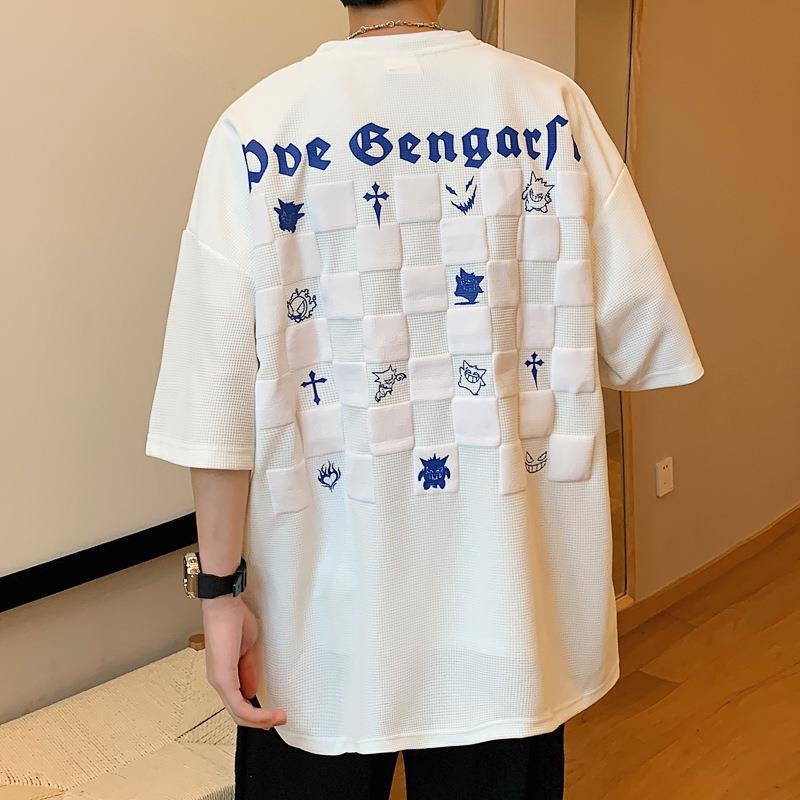 Waffleted Short-Sleeved T-Shirt Men'S Summer American Fashion Brand Foam Printed Loose Casual Checkerboard Half-Sleeved T-Shirt - Image 2