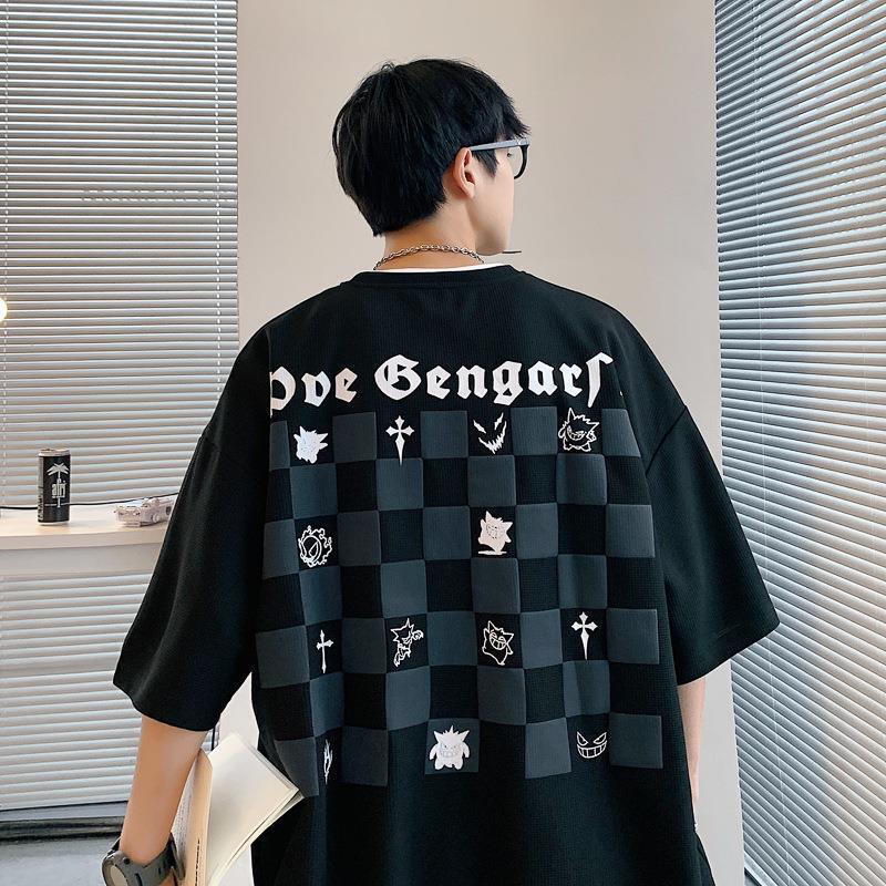 Waffleted Short-Sleeved T-Shirt Men'S Summer American Fashion Brand Foam Printed Loose Casual Checkerboard Half-Sleeved T-Shirt - Image 3