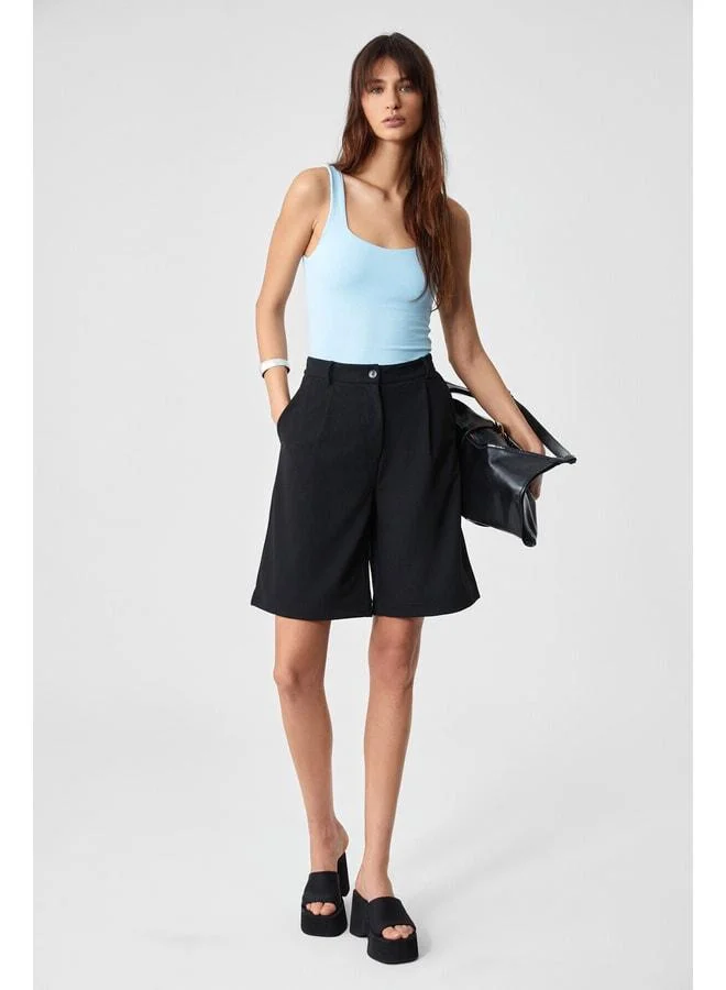 Grimelange Sanukı Women's Slim Short Cutout Neck Blue Blouse.