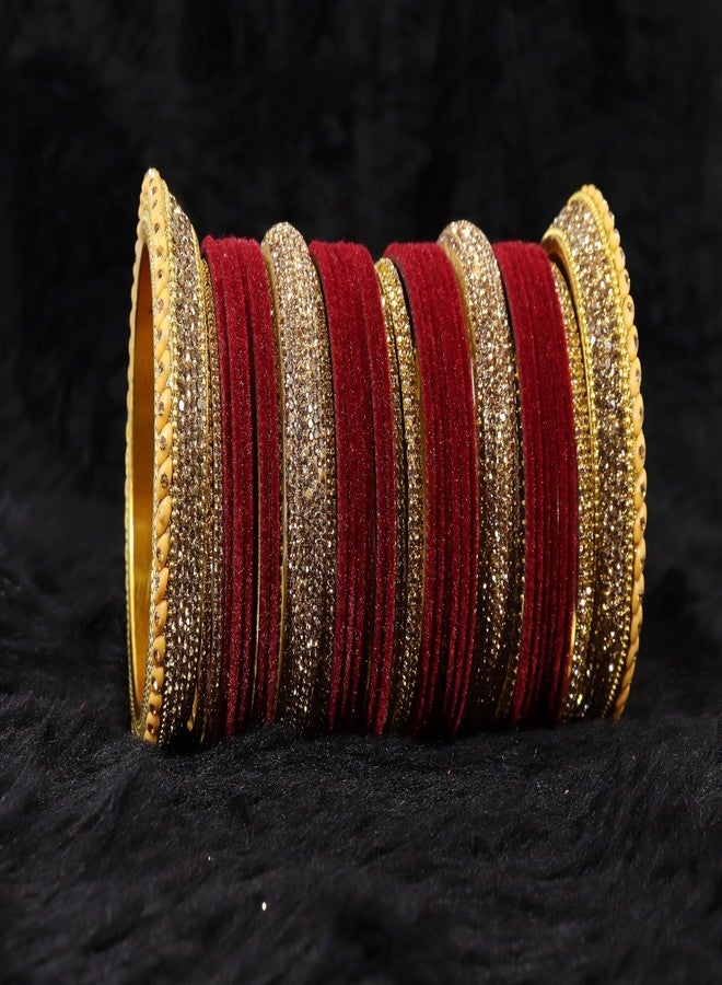 LAVAZZA Premium Golden Zircon Stone Work Chuda Set For Bridal Women and Girls | Traditional Chuda Bangles | Wedding Chuda Set | Women's Fashion Jewellery -Pack of 80 Bangles-(FMS3-Maroon-2.6) - Image 3