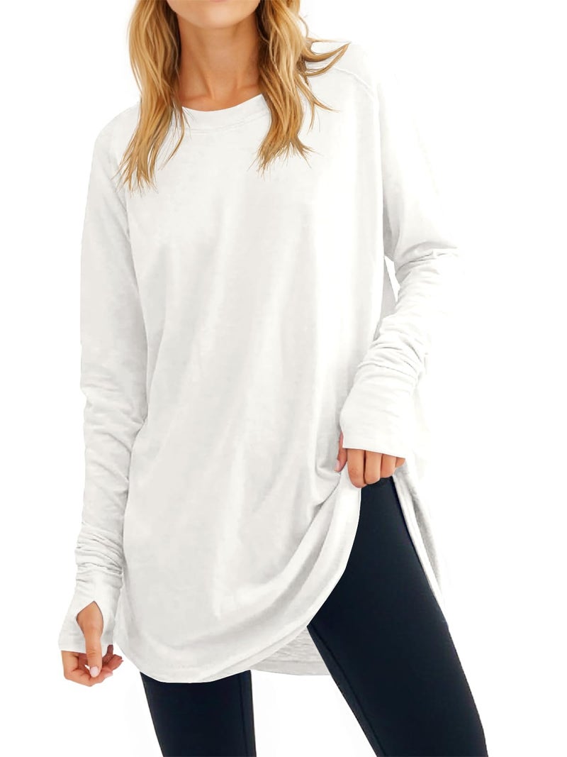 Fisoew Women's Casual Long Sleeve Tops Crew Neck Round Hem Loose T-Shirts Tunic Tops with Thumb Holes White - Image 5