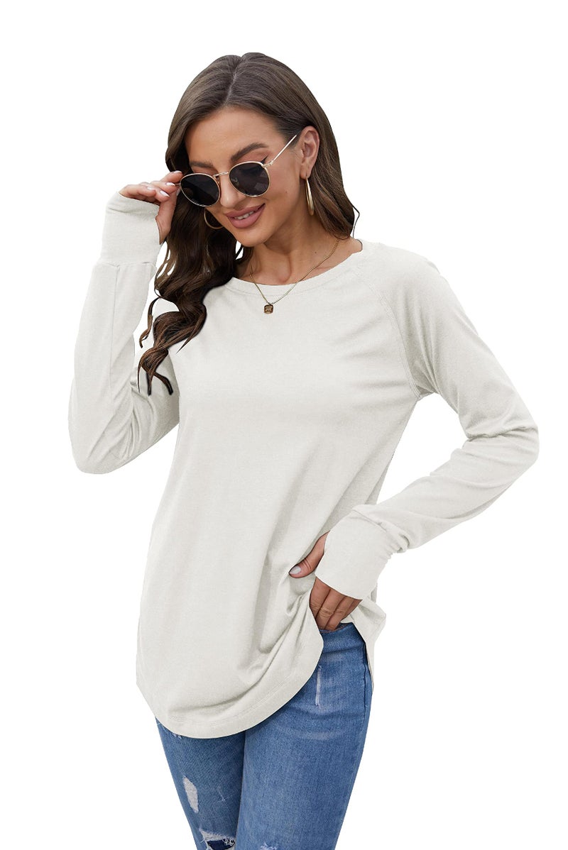 Fisoew Women's Casual Long Sleeve Tops Crew Neck Round Hem Loose T-Shirts Tunic Tops with Thumb Holes White - Image 4