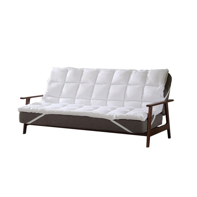 WHITE FUTON MATTRESS TOPPERS WITH ANTISLIP ANCHORS FUTON COVER FILLED WITH PLUSH DOWN ALTERNATIVE FILL FULL SIZE FUTON COVER IS SOFT COMFORTABLE AND ALLERGY FREE SIZE 54 X 75 X 3