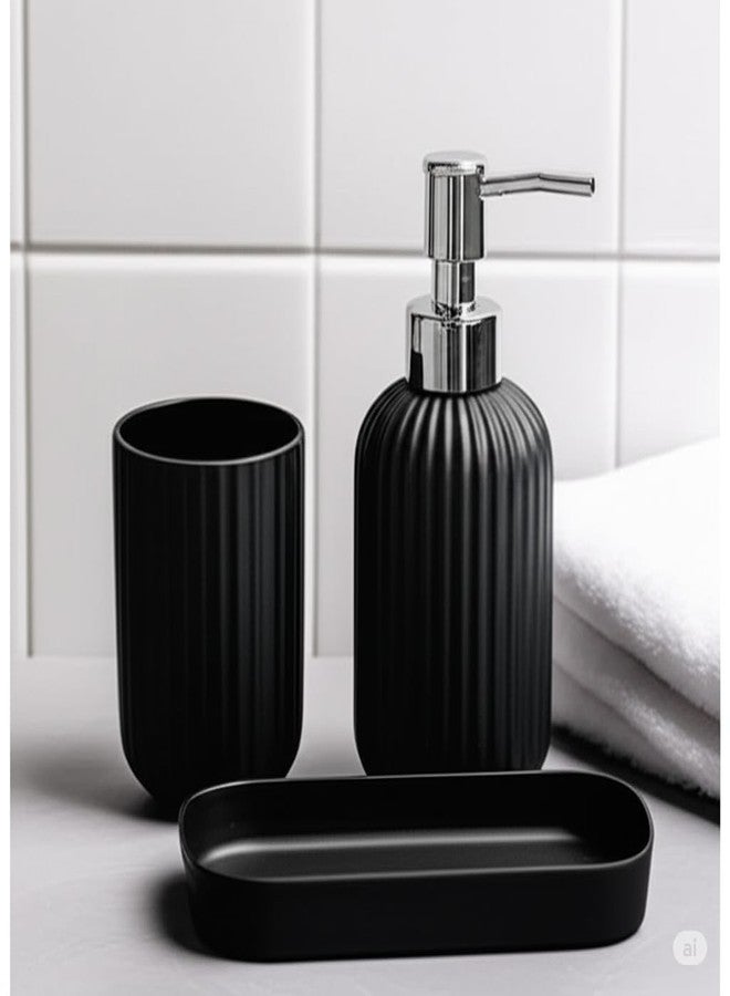 Bigining® Plastic Liquid Soap Dispenser Pump with Tumbler | Bathroom Accessories Set | Sanitizer, Lotion, Shampoo Dispenser | Elegant Design for Bathroom, Kitchen, Wash Basin 3pcs Set Black - Image 1