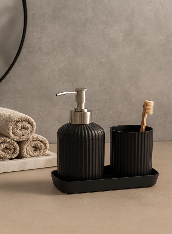 Bigining® Plastic Liquid Soap Dispenser Pump with Tumbler | Bathroom Accessories Set | Sanitizer, Lotion, Shampoo Dispenser | Elegant Design for Bathroom, Kitchen, Wash Basin 3pcs Set Black - Image 2