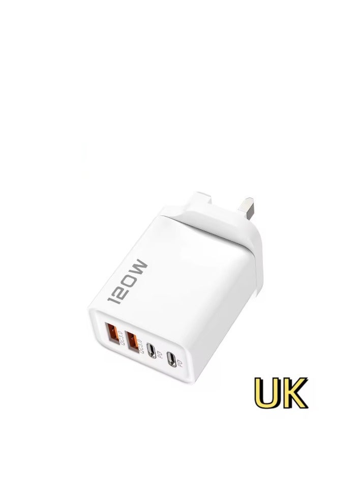 بيوينتي شاحن فائق السرعة 120 وات بأربعة منافذ PD3.0 QC3.0، قابس المملكة المتحدة، محول شحن سريع متعدد المنافذ لهاتف iPhone 13/14/15 Pro Max، Samsung Galaxy S23/Xiaomi/Huawei، شحن سريع USB-C بقوة 20 وات - Image 1