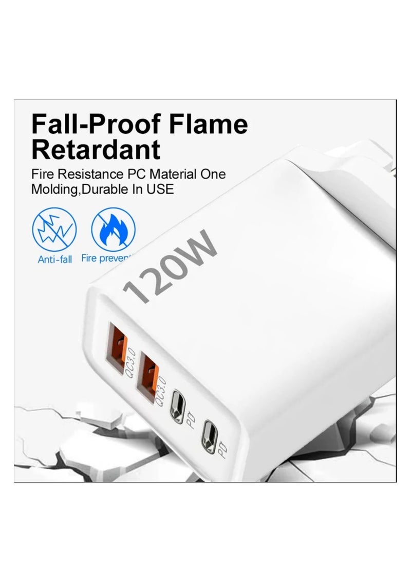 بيوينتي شاحن فائق السرعة 120 وات بأربعة منافذ PD3.0 QC3.0، قابس المملكة المتحدة، محول شحن سريع متعدد المنافذ لهاتف iPhone 13/14/15 Pro Max، Samsung Galaxy S23/Xiaomi/Huawei، شحن سريع USB-C بقوة 20 وات - Image 4