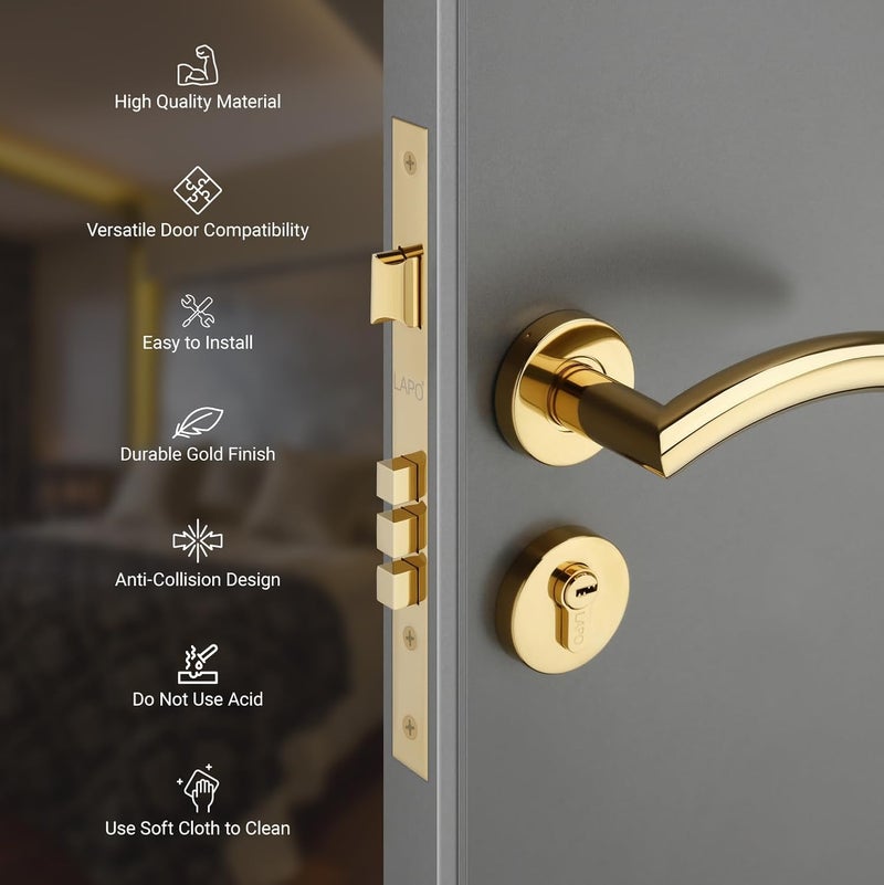 LAPO LAPO Door Locks for Main Door Mortise Lock for Door Cylindrical Door Lock Handlesets Door Locks for Bedroom Door Lock with Key for Home PVD Gold Finish 3 Years Warranty CMH5T  - Image 3