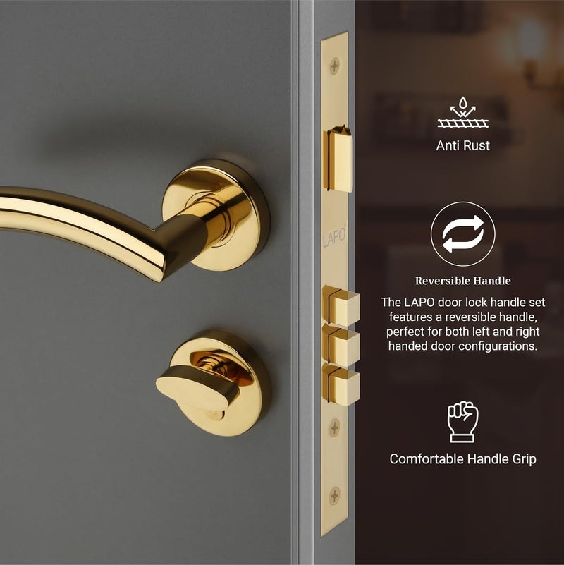 LAPO LAPO Door Locks for Main Door Mortise Lock for Door Cylindrical Door Lock Handlesets Door Locks for Bedroom Door Lock with Key for Home PVD Gold Finish 3 Years Warranty CMH5T  - Image 4