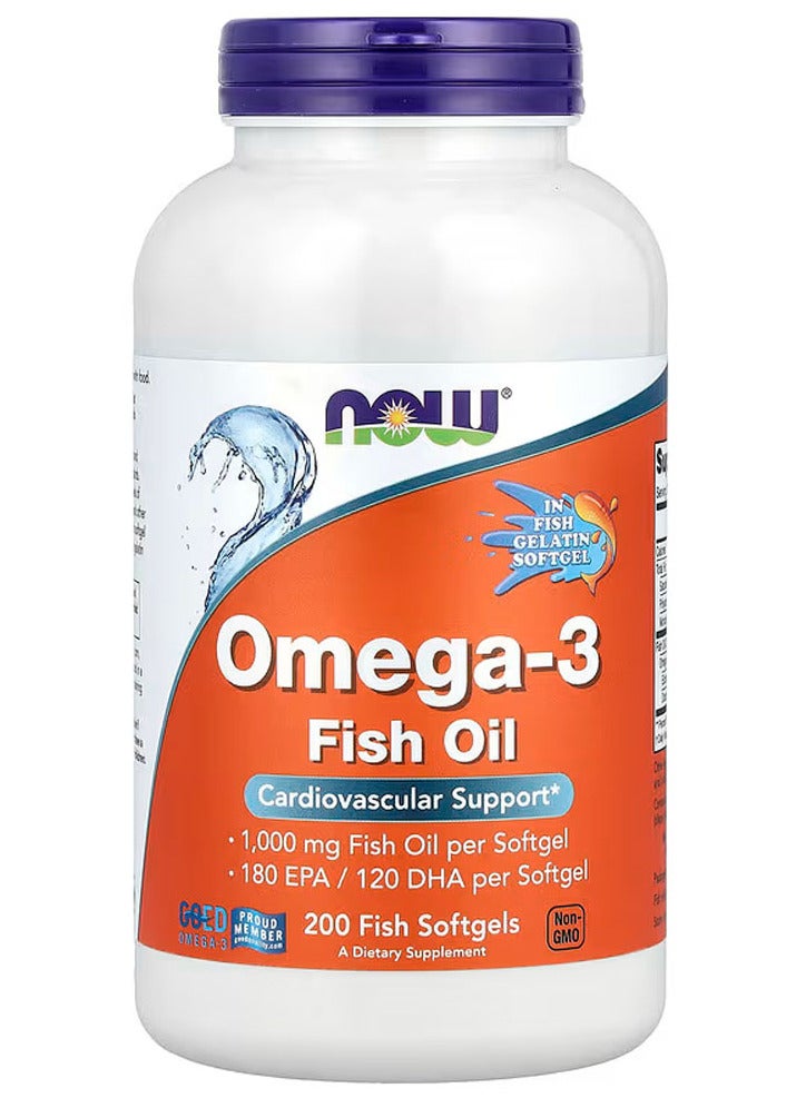 now Omega-3 Fish Oil, 2,000 mg, 200 Fish Softgels (1,000 mg per Softgel) - Image 1