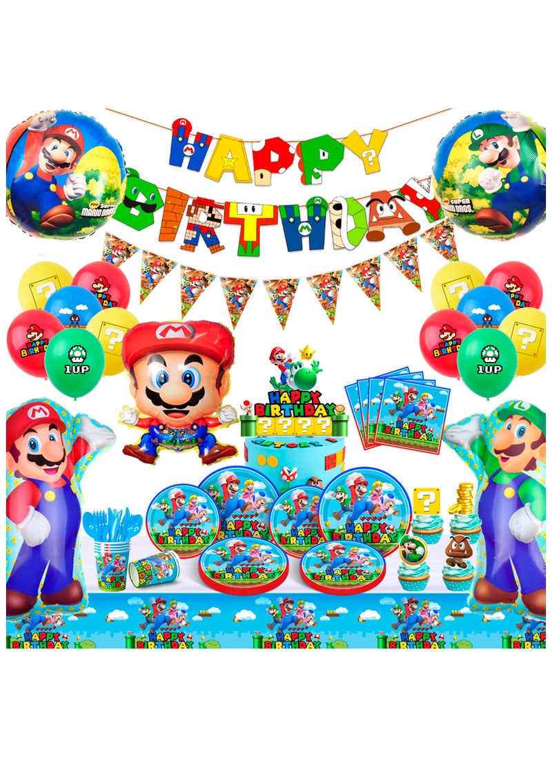 FRUITFUL PARTY Super Mario Birthday Party Decorations for 10 Guests, 123pcs Mario Bros Party Decorations Tableware Set Mario Bros Balloons Banner Mario Party Plates and Napkins Tablecloth  - Image 1