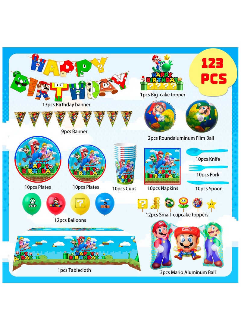 FRUITFUL PARTY Super Mario Birthday Party Decorations for 10 Guests, 123pcs Mario Bros Party Decorations Tableware Set Mario Bros Balloons Banner Mario Party Plates and Napkins Tablecloth  - Image 2