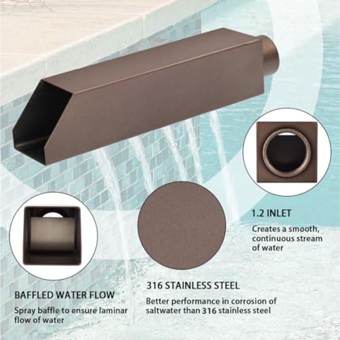 PONDO 2" Square Water Fountain Spout Scupper, 316 Stainless Steel Spillway W/Construction Spray Baffle For Pools, Ponds, Water Walls, Fountains (Brown) Overall Length 10 Inch - Image 5