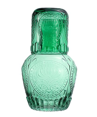 RockTrend Retro Relief Glass Bedside Night Water Carafe with Tumbler Glass, Pitcher And Cup Night Set-Green - Image 1