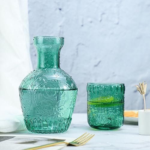RockTrend Retro Relief Glass Bedside Night Water Carafe with Tumbler Glass, Pitcher And Cup Night Set-Green - Image 3