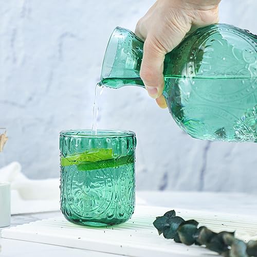RockTrend Retro Relief Glass Bedside Night Water Carafe with Tumbler Glass, Pitcher And Cup Night Set-Green - Image 4