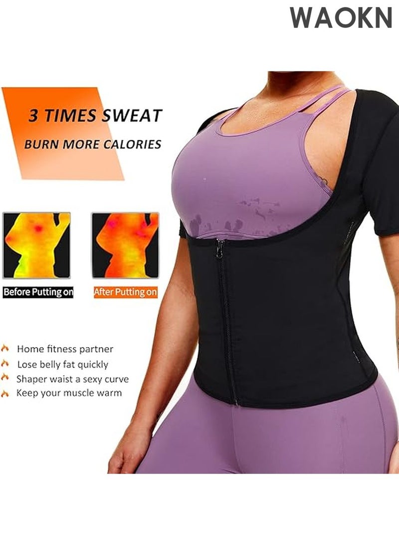 WAOKN Sauna Suit Shirt For Women Weight Loss Waist Trainer Sweat Vest Workout Fajas Short Sleeve Sleeve Sauna Shirt Modern Trainer 2 in 1 Slimming Full Body Shaper Workout Top Shape Weight Loss Zipper Jacket Long Sleeve,Gym Workout Tops Body Shaper Sweat Suits - Image 4