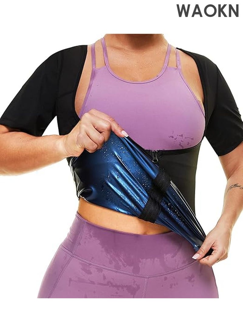 WAOKN Sauna Suit Shirt For Women Weight Loss Waist Trainer Sweat Vest Workout Fajas Short Sleeve Sleeve Sauna Shirt Modern Trainer 2 in 1 Slimming Full Body Shaper Workout Top Shape Weight Loss Zipper Jacket Long Sleeve,Gym Workout Tops Body Shaper Sweat Suits - Image 1