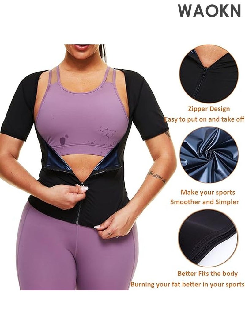 WAOKN Sauna Suit Shirt For Women Weight Loss Waist Trainer Sweat Vest Workout Fajas Short Sleeve Sleeve Sauna Shirt Modern Trainer 2 in 1 Slimming Full Body Shaper Workout Top Shape Weight Loss Zipper Jacket Long Sleeve,Gym Workout Tops Body Shaper Sweat Suits - Image 3