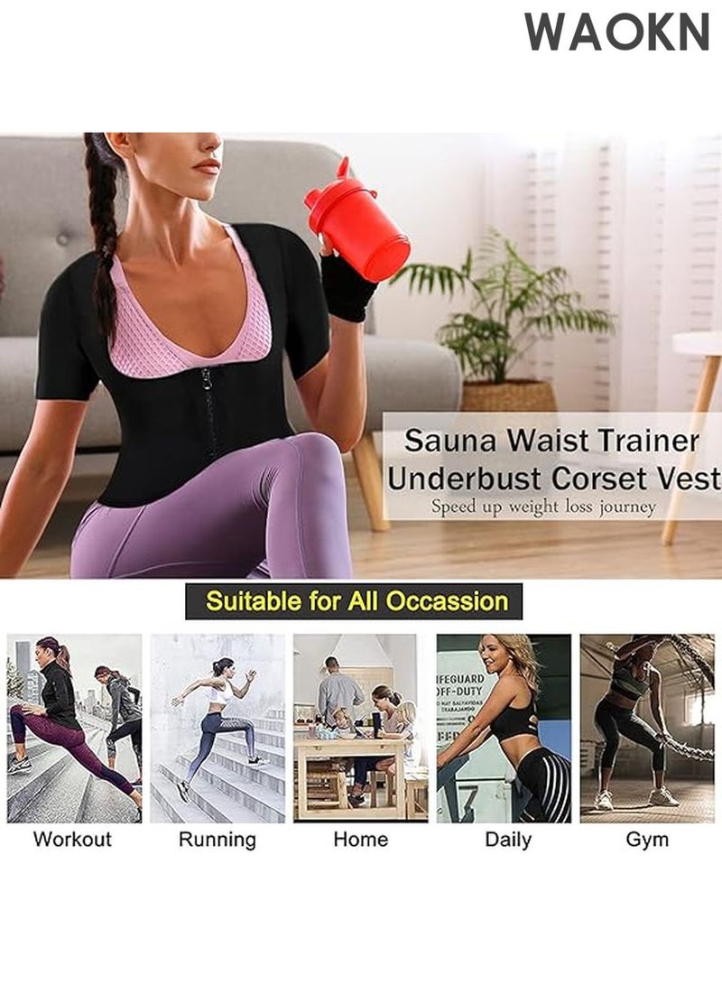 WAOKN Sauna Suit Shirt For Women Weight Loss Waist Trainer Sweat Vest Workout Fajas Short Sleeve Sleeve Sauna Shirt Modern Trainer 2 in 1 Slimming Full Body Shaper Workout Top Shape Weight Loss Zipper Jacket Long Sleeve,Gym Workout Tops Body Shaper Sweat Suits - Image 2