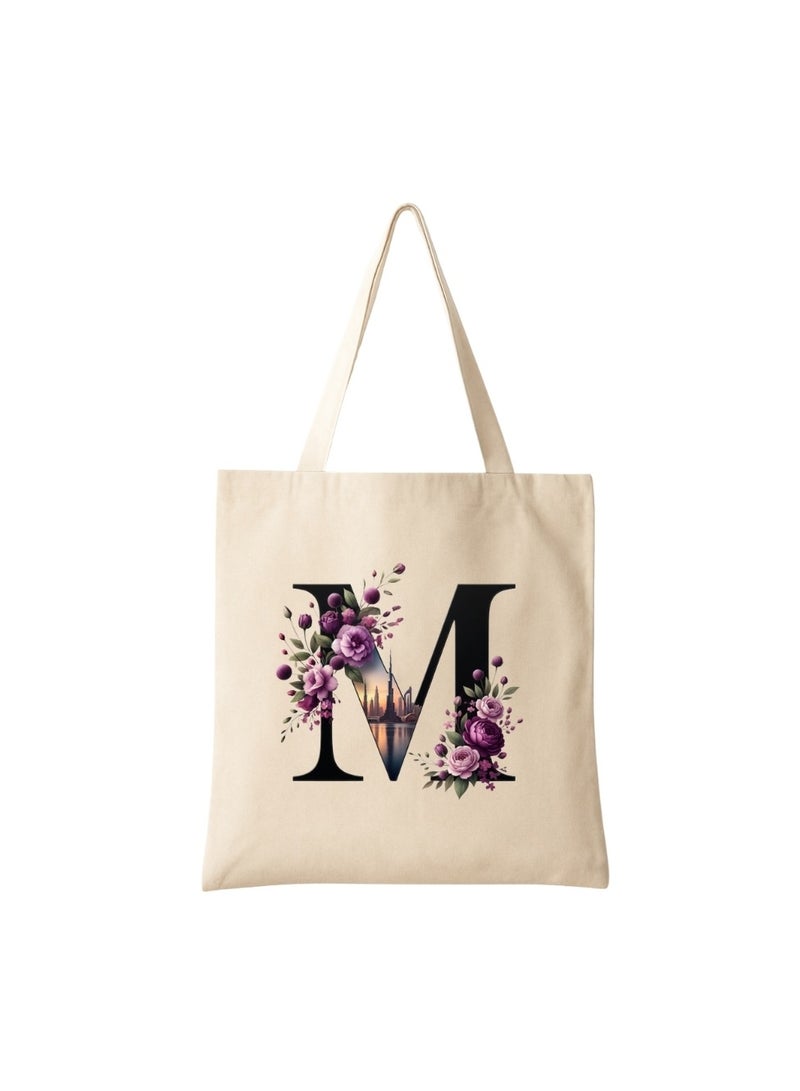 PRINTSHOP4ME Eco-Friendly Initial Tote Bag  – Canvas Shopping Bag With Floral & Dubai Skyline Print | Reusable Bridesmaid Gift,Wedding Favor,Everyday Carryall - Image 1