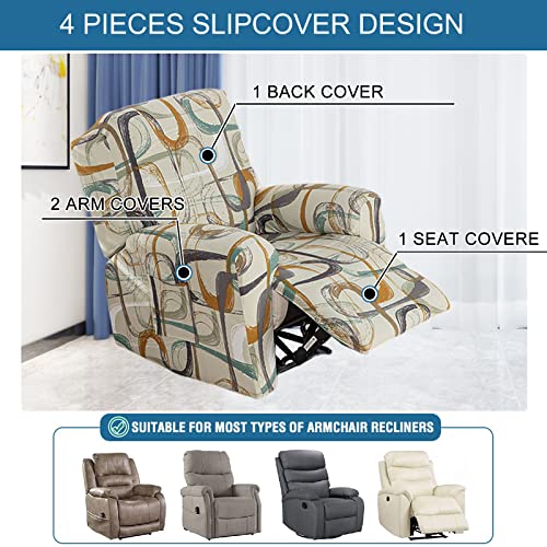 KRFOONN Stretch Recliner Slipcovers Printed Sofa Cover 4-Piece Fallon Collection Slipcover Lazy Boy Chair Covers Furniture Protector Recliner Chair Cover with Storage Pocket for Living Room, A2 - Image 3