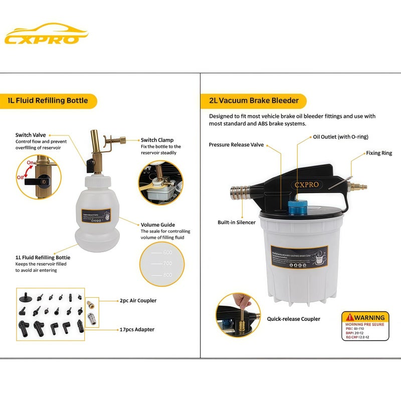 CXPRO 24PCS Brake Bleeder Kit, Vacuum Brake Bleeder Kit with 2L Brake Fluid Extractor and 1L Refilling Bottle, Pressure Clutch Bleeder Kit with 19 Adapters - Image 4