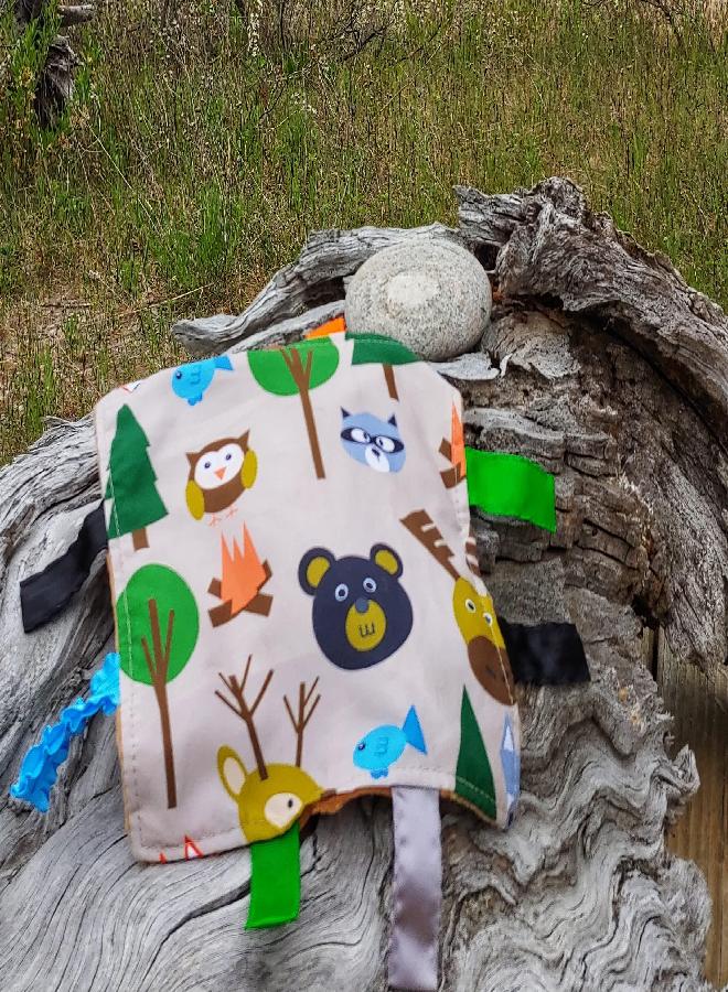 The Learning Lovey Baby Jack & Co 8x8â€ Forest Woodland Animal Lovey Tag Toys for Babies - Crinkle Toys for Developing 5 Senses - Soft & Safe - Learn Shapes & Colors - Soother & Tummy Time - BPA Free w/Stroller Clip - Image 4