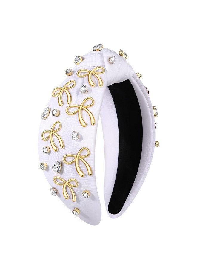 PHALIN Bow Headband For Women Gold Butterfly Bow Knot Headbands Embellished Rhinestone Crystal Wide Top Knot Headband Jeweled Ribbon Bow Hair Accessories Party Favors Gifts (White) - Image 1