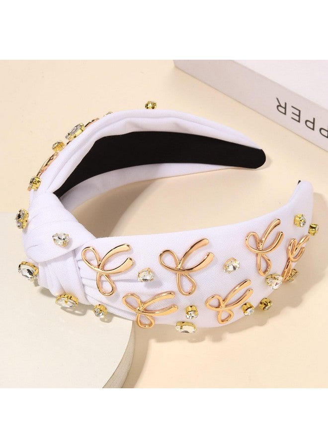 PHALIN Bow Headband For Women Gold Butterfly Bow Knot Headbands Embellished Rhinestone Crystal Wide Top Knot Headband Jeweled Ribbon Bow Hair Accessories Party Favors Gifts (White) - Image 2