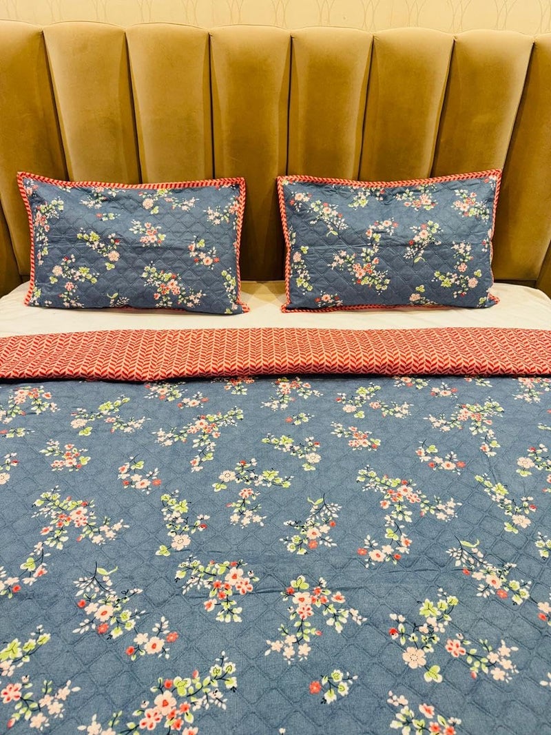 Subtlespreads Subtlespreads Premium Cotton Feel Bedcover for Double Bed King Size with 2 Quilted Pillow Covers Decorative Bed CoverQuilted Bedspread Bedsheet Denim Blue Floral  - Image 1