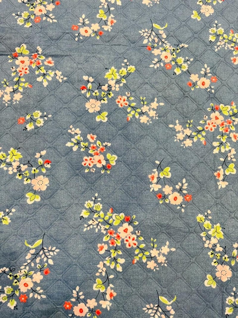 Subtlespreads Subtlespreads Premium Cotton Feel Bedcover for Double Bed King Size with 2 Quilted Pillow Covers Decorative Bed CoverQuilted Bedspread Bedsheet Denim Blue Floral  - Image 3