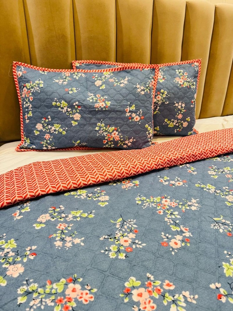 Subtlespreads Subtlespreads Premium Cotton Feel Bedcover for Double Bed King Size with 2 Quilted Pillow Covers Decorative Bed CoverQuilted Bedspread Bedsheet Denim Blue Floral  - Image 2