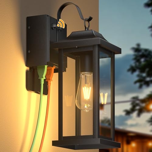 Roravilila 17 Inch Dusk to Dawn Outdoor Lighting with GFCI Outlet, Large Porch Light Lantern Plug Outlet Modern Black Outdoor Sconce Lighting, IP65 Waterproof Outside Light Wall Mounted Coach Light - Image 1