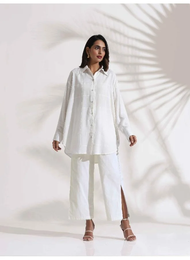 ترو برونز trueBrowns White Cotton Check Shirt Co-ord Set