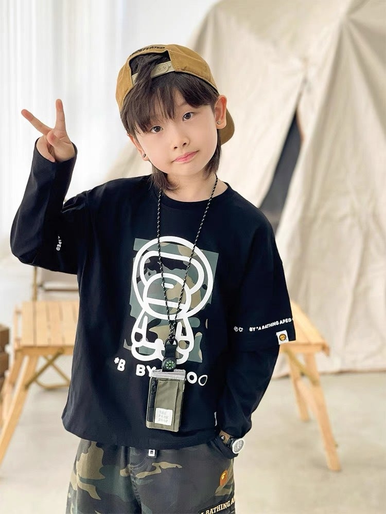 2026 Spring Trendy Japanese Style Fake Two-Piece Boys' Long Sleeve T-Shirt Camouflage Monkey Children'S Base Shirt Cartoon Top - Image 2