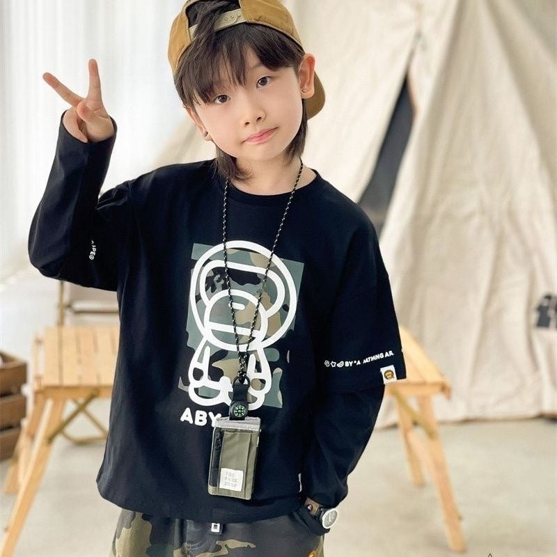 2026 Spring Trendy Japanese Style Fake Two-Piece Boys' Long Sleeve T-Shirt Camouflage Monkey Children'S Base Shirt Cartoon Top - Image 1