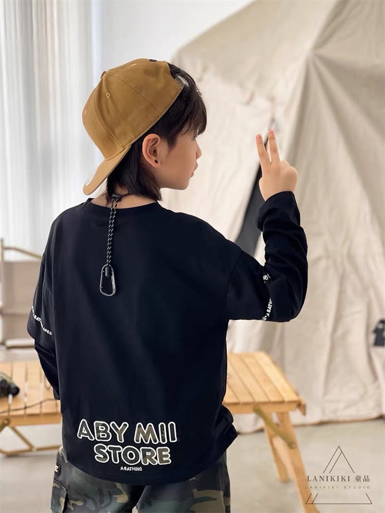 2026 Spring Trendy Japanese Style Fake Two-Piece Boys' Long Sleeve T-Shirt Camouflage Monkey Children'S Base Shirt Cartoon Top - Image 5