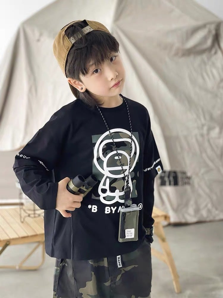 2026 Spring Trendy Japanese Style Fake Two-Piece Boys' Long Sleeve T-Shirt Camouflage Monkey Children'S Base Shirt Cartoon Top - Image 4