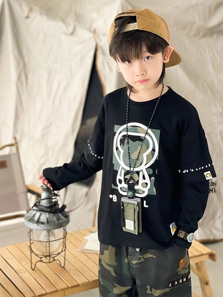 2026 Spring Trendy Japanese Style Fake Two-Piece Boys' Long Sleeve T-Shirt Camouflage Monkey Children'S Base Shirt Cartoon Top - Image 3