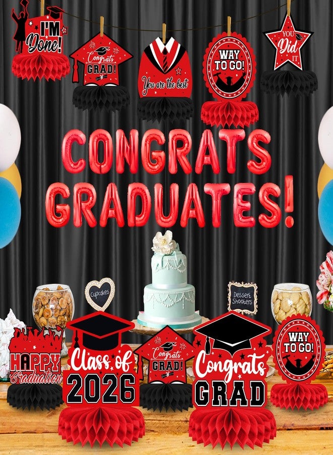 PERFQU 8 Pieces Class of 2026 Graduation Table Decorations - 2026 Congrats Grad Honeycomb Centerpieces, Red Black Graduation Table Toppers Decor for 2026 Graduation Party Decorations Favor Supplies - Image 2