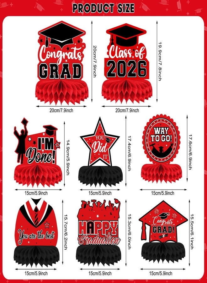 PERFQU 8 Pieces Class of 2026 Graduation Table Decorations - 2026 Congrats Grad Honeycomb Centerpieces, Red Black Graduation Table Toppers Decor for 2026 Graduation Party Decorations Favor Supplies - Image 3
