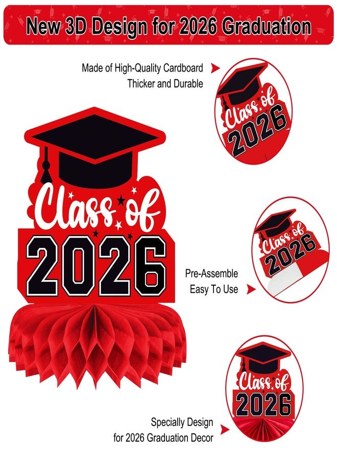 PERFQU 8 Pieces Class of 2026 Graduation Table Decorations - 2026 Congrats Grad Honeycomb Centerpieces, Red Black Graduation Table Toppers Decor for 2026 Graduation Party Decorations Favor Supplies - Image 5