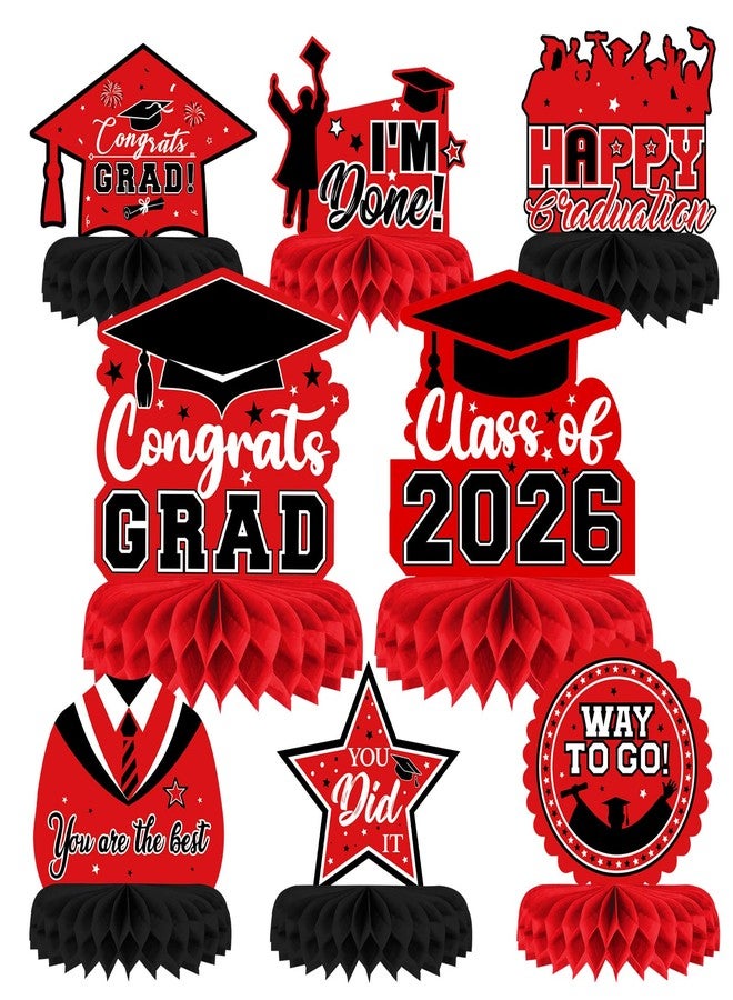PERFQU 8 Pieces Class of 2026 Graduation Table Decorations - 2026 Congrats Grad Honeycomb Centerpieces, Red Black Graduation Table Toppers Decor for 2026 Graduation Party Decorations Favor Supplies - Image 1