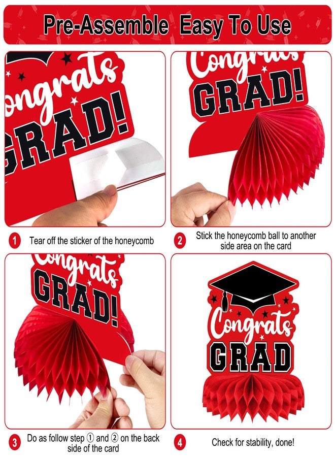 PERFQU 8 Pieces Class of 2026 Graduation Table Decorations - 2026 Congrats Grad Honeycomb Centerpieces, Red Black Graduation Table Toppers Decor for 2026 Graduation Party Decorations Favor Supplies - Image 4