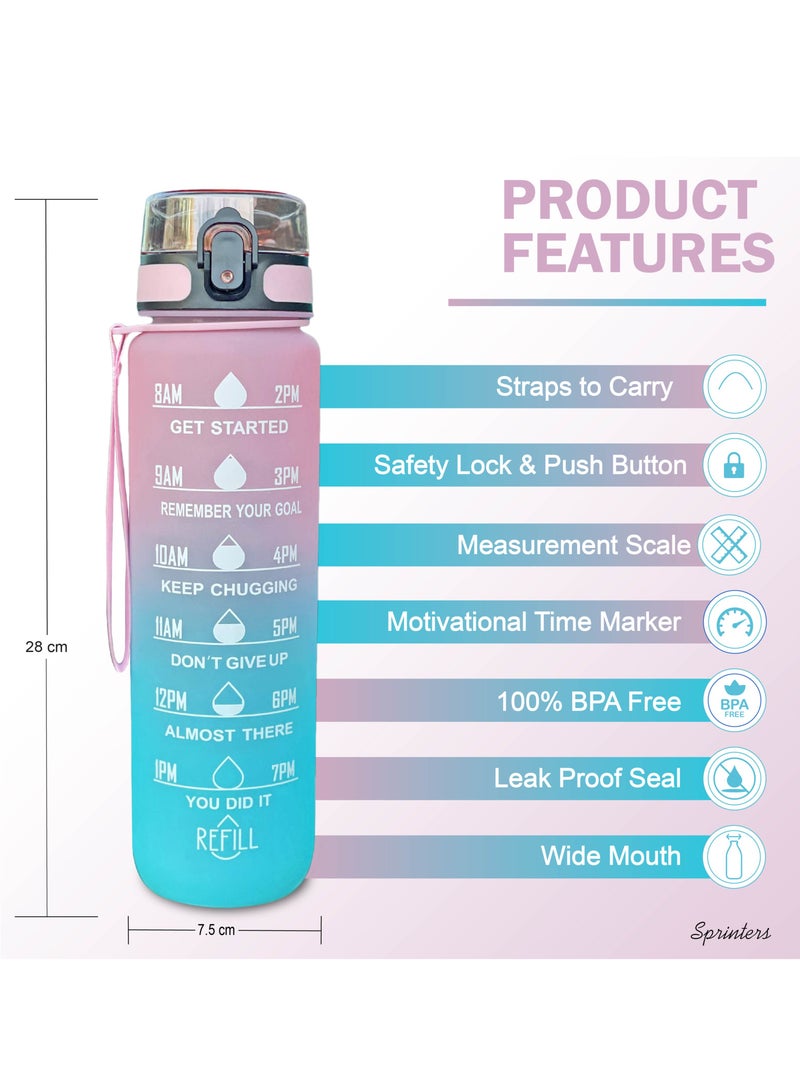 Sprinters - 1 Liters Water Bottle 32Oz Bpa Free, Multicolor - Leak Proof With Motivational Quote And Time Marker, Anti Slip For Sport ,Fitness, Gym , Picnic (1 Liter, Pink/ Blue Gradient) - Image 3
