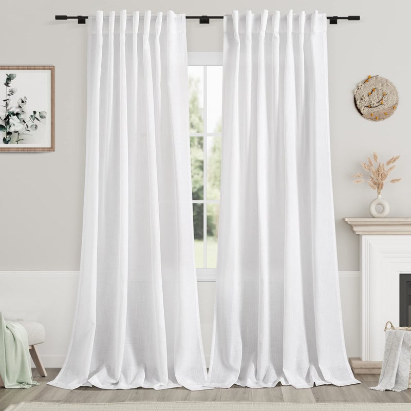 Nanspring Solid White Curtains 96 Inches Long 2 Panels Back Tab Sheer Linen Curtain Modern Farmhouse Coastal Decor Off White Cotton Textured Curtains 96 inch Length for Patio Sliding Door Office Bedroom - Image 1