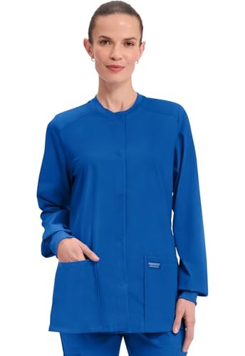 Cherokee Scrub for Women Snap Front Jacket with 3 Pockets, Fade Resistant, 2-Way Stretch, Soft & Durable Fabric - WW340, S, Royal - Image 1