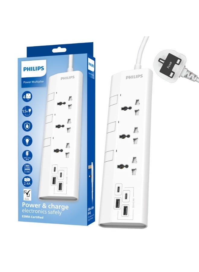 فيليبس كابل تمديد طاقة عالمي 3-طرق مع مفاتيح فردية، 1.5م كابل ثقيل 3x1mm²، 4 منافذ USB (2 USB-C + 2 USB-A)، حماية من التحميل الزائد 2500W، فيوز 10A، حماية مقاومة للحريق حتى 750°C، معتمد من ESMA، قابس بريطاني – مثالي للمنزل والمكتب – أبيض - Image 1