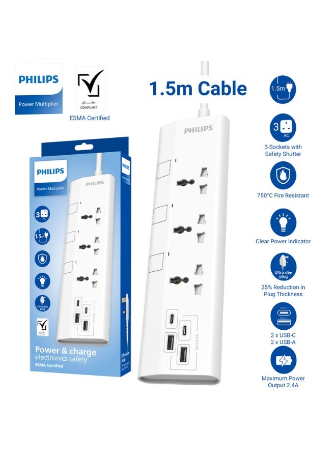فيليبس كابل تمديد طاقة عالمي 3-طرق مع مفاتيح فردية، 1.5م كابل ثقيل 3x1mm²، 4 منافذ USB (2 USB-C + 2 USB-A)، حماية من التحميل الزائد 2500W، فيوز 10A، حماية مقاومة للحريق حتى 750°C، معتمد من ESMA، قابس بريطاني – مثالي للمنزل والمكتب – أبيض - Image 2
